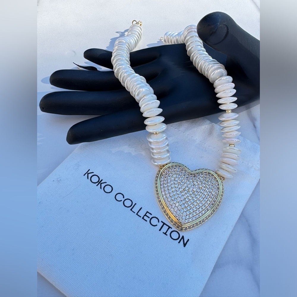 KOKO COLLECTION Pearl Beaded Pavé Heart Pendant Necklace Gold